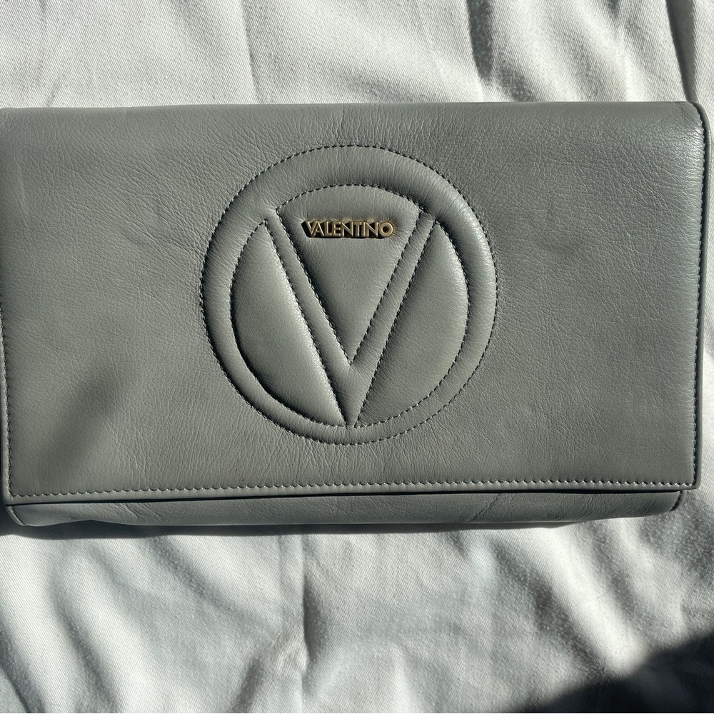 Valentino Gray Leather Logo Convertible Crossbody Bag / Clutch